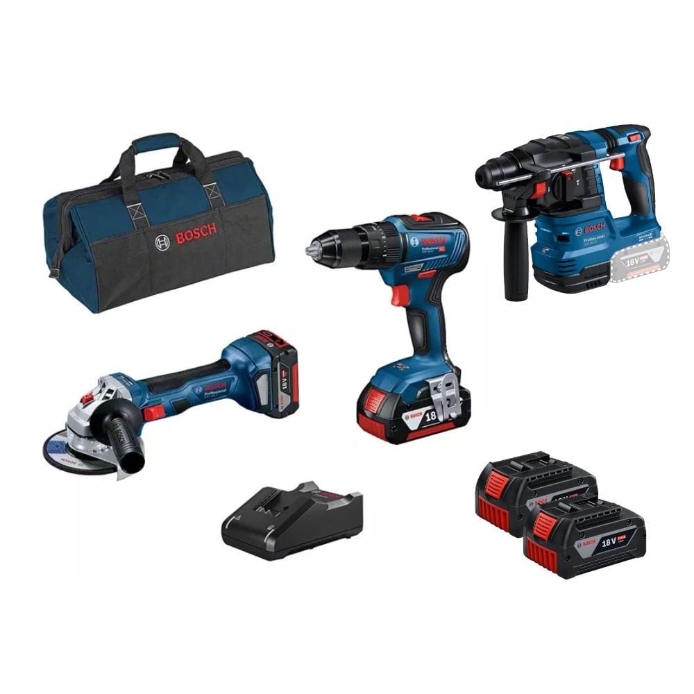 Kit 3 Máquinas GBH 18V-21 + GSB 18V-55 + GWS 18V-7 + GAL 18V-40 + 4 Baterias 18V Bosch 