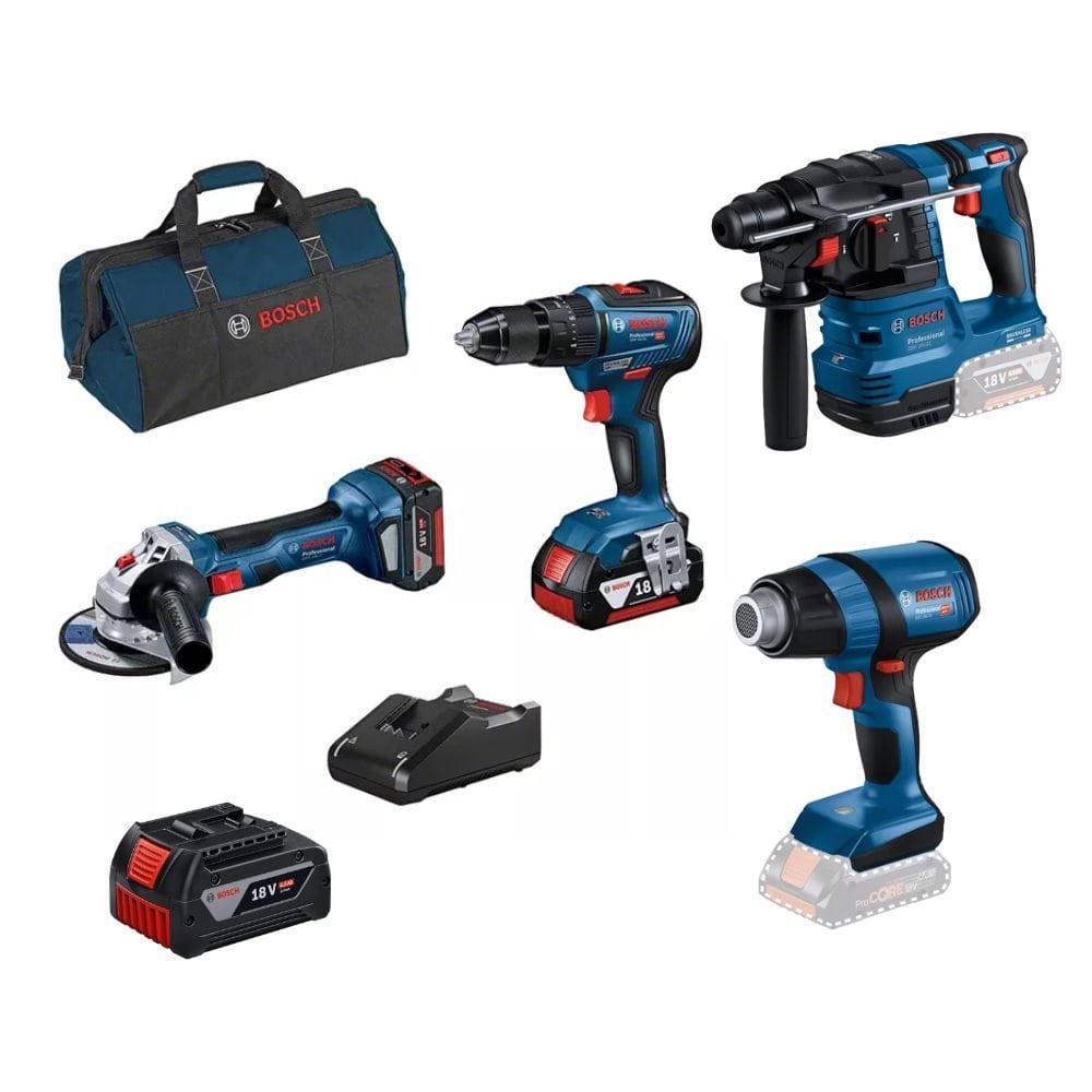 Kit 4 Máquinas GSB 18V-55 + GWS 18V-7 + GBH 18V-21 + GHG 18V-50 + Bateria 18V Bosch