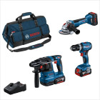 Bosch Professional KIT Martelo Perfurador Plus sem Fio GBH 18V-22+ Berbequim com Percussão GSB 18V-45+Mini-Rebarbadora GWS 18V-10 (125mm)+Carregador GAL 18V-40CV+2 Baterías 5.0Ah + 1 Batería ProCORE18V 5,5Ah+Mala Lona