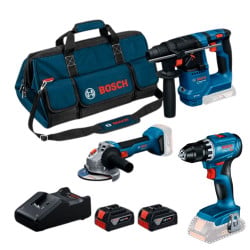 Kit Berbequim GSR 18V-45 + Martelo GBH 18V-18 + Rebarbadora GWS 18V-8 (125) + 2 Baterias 4,0AH Bosch