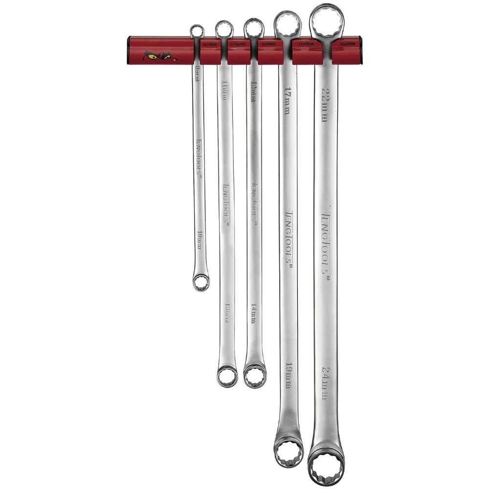5 chaves de boca dupla extra longas + Suporte de parede Teng Tools WRFLS05