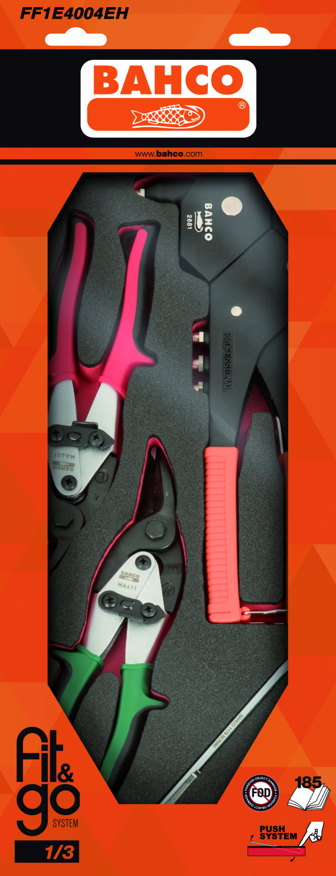 Conjunto de tesouras para metal e alicate de rebitar em inserção de espuma 1/3 Fit&Go - 4 peças por embalagem Bahco FF1E4004EH
