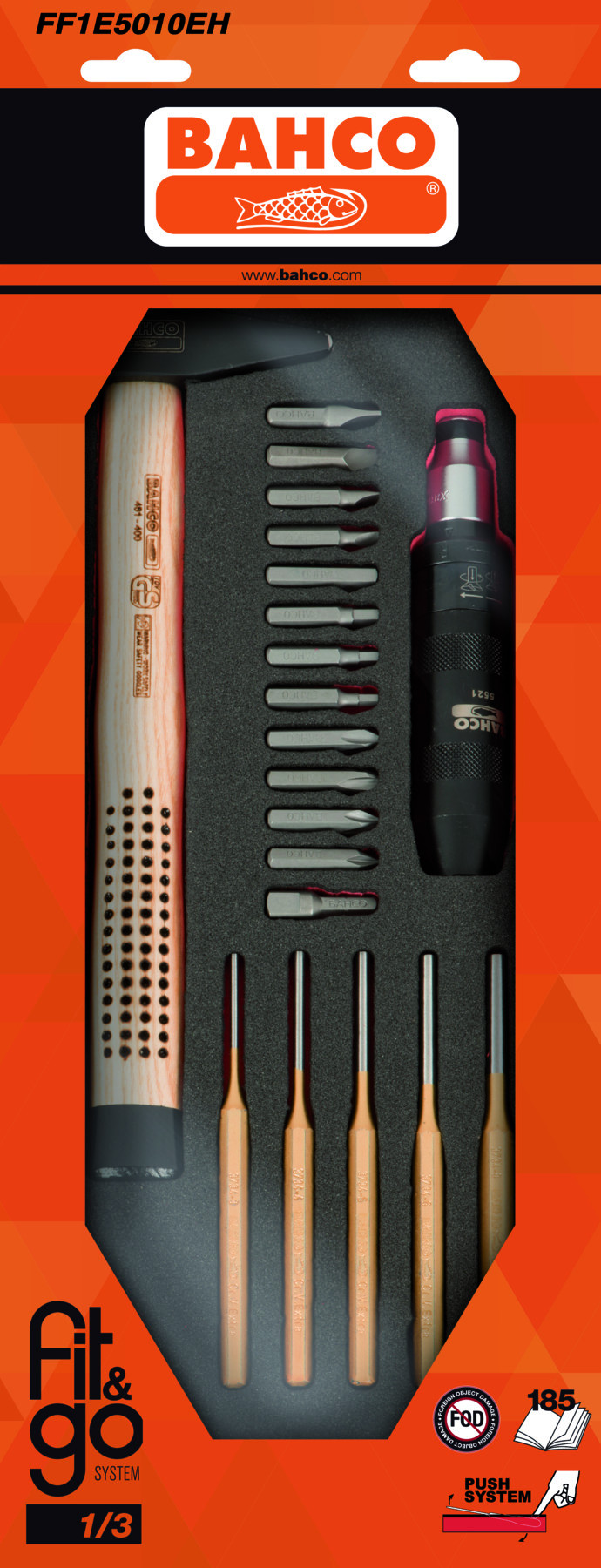 Conjunto de chaves de impacto, punções e martelo em inserção de espuma 1/3 Fit&Go - 23 peças por embalagem Bahco FF1E5010EH