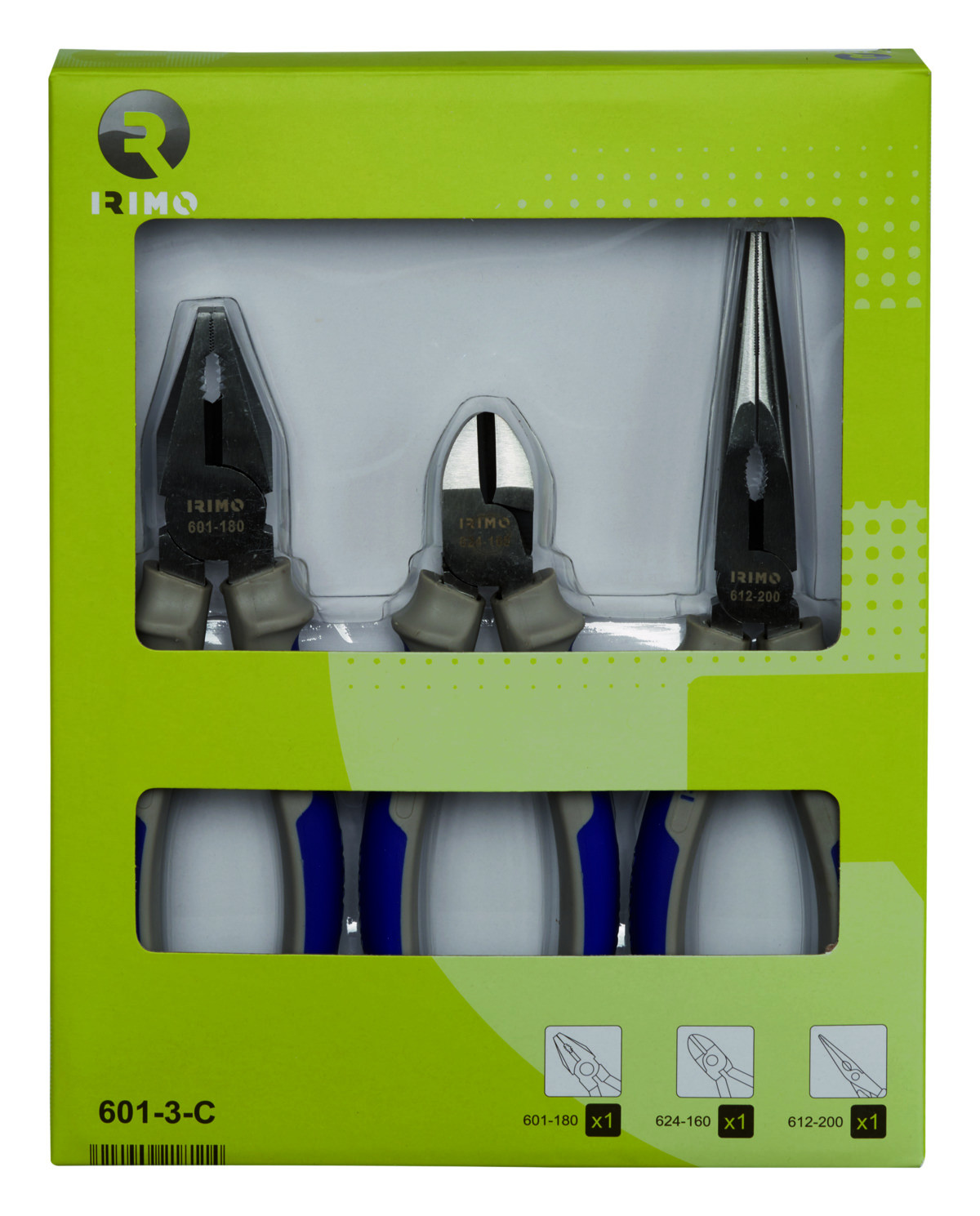 Conjunto de alicates de 3 pcs, combinado de 180, de corte de 160 e de pontas de 200 mm Irimo 601-3-C