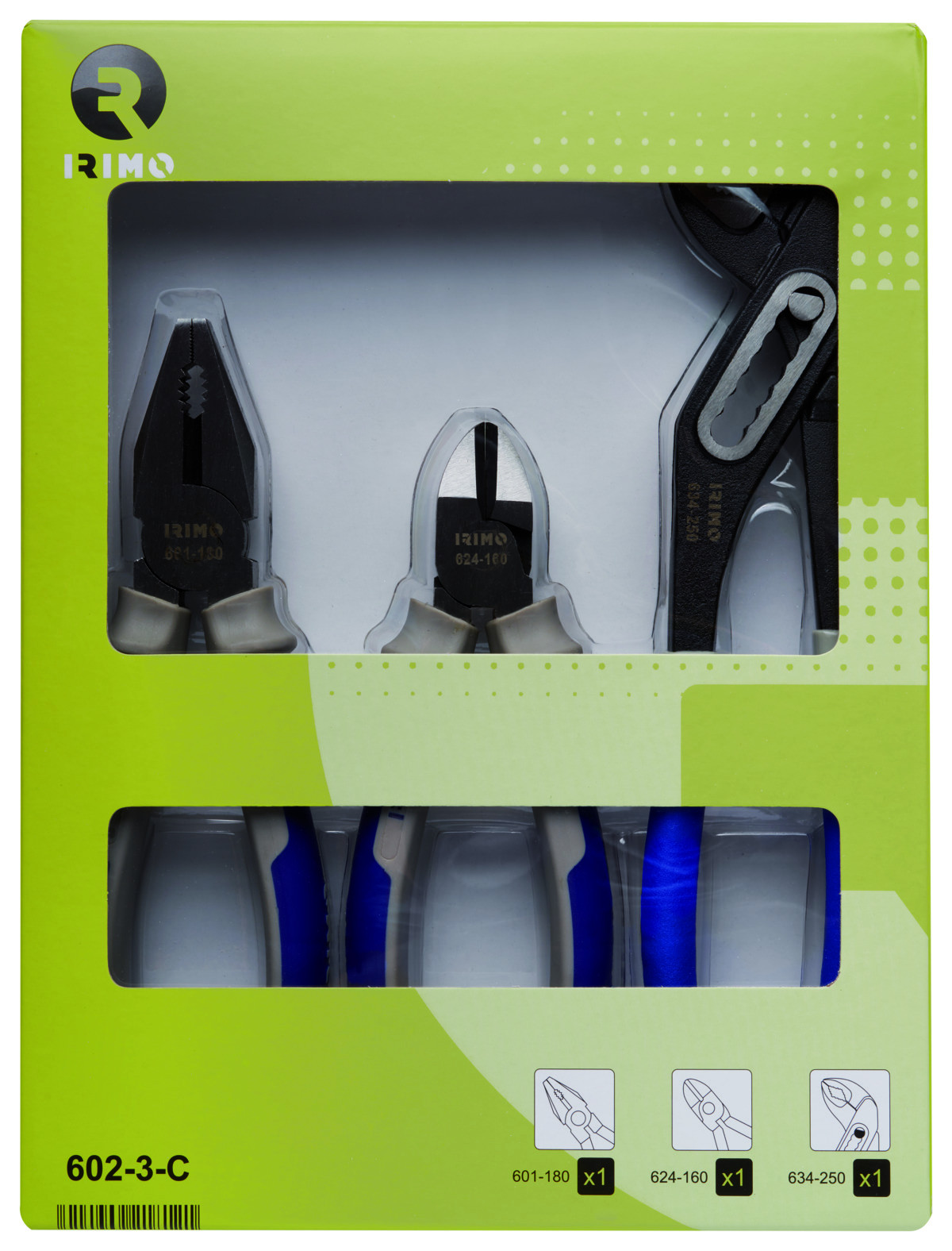 Conjunto de alicates de 3 pcs, combinado de 180, de corte de 160 e alicate de junta deslizante de 250 mm Irimo 602-3-C