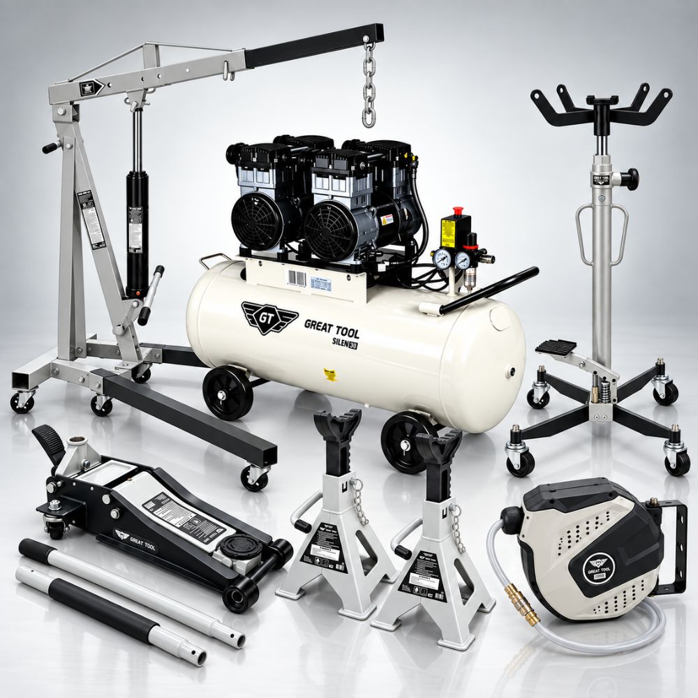 Kit Oficina Compressor 100L + Pregui&ccedil;as + Grua  + Macaco Fossa + Macaco Hidr&aacute;ulico + Enrolador Mangueira de Ar