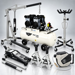 Kit Oficina Compressor 100L + Preguiças + Grua + Macaco Fossa + Macaco Hidráulico + Enrolador Mangueira de Ar