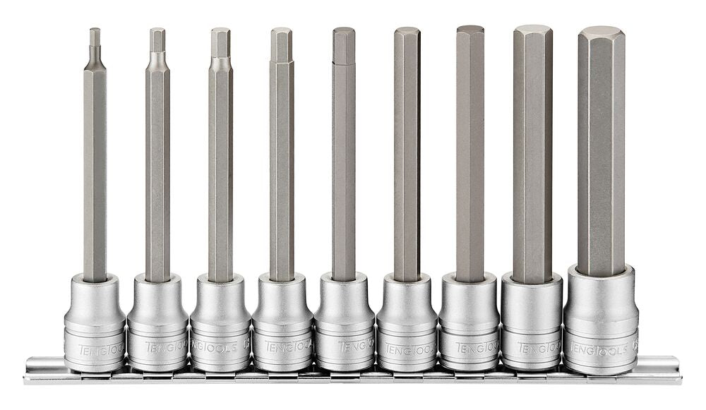 Conjunto de 9 peças de chaves de encaixe hexagonais longas de 3/8" com sistema de fixação por clipes Tengtools M3809