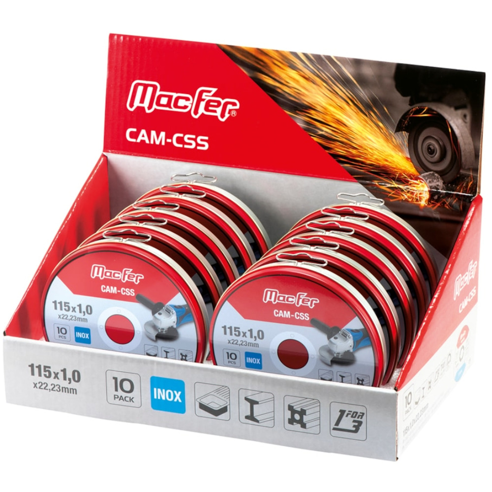 Pack Discos Abrasivos de Corte Inox CAM-CSS-10 125 x 1,0 x 22,23 mm (10 Peças) Macfer 166.0007