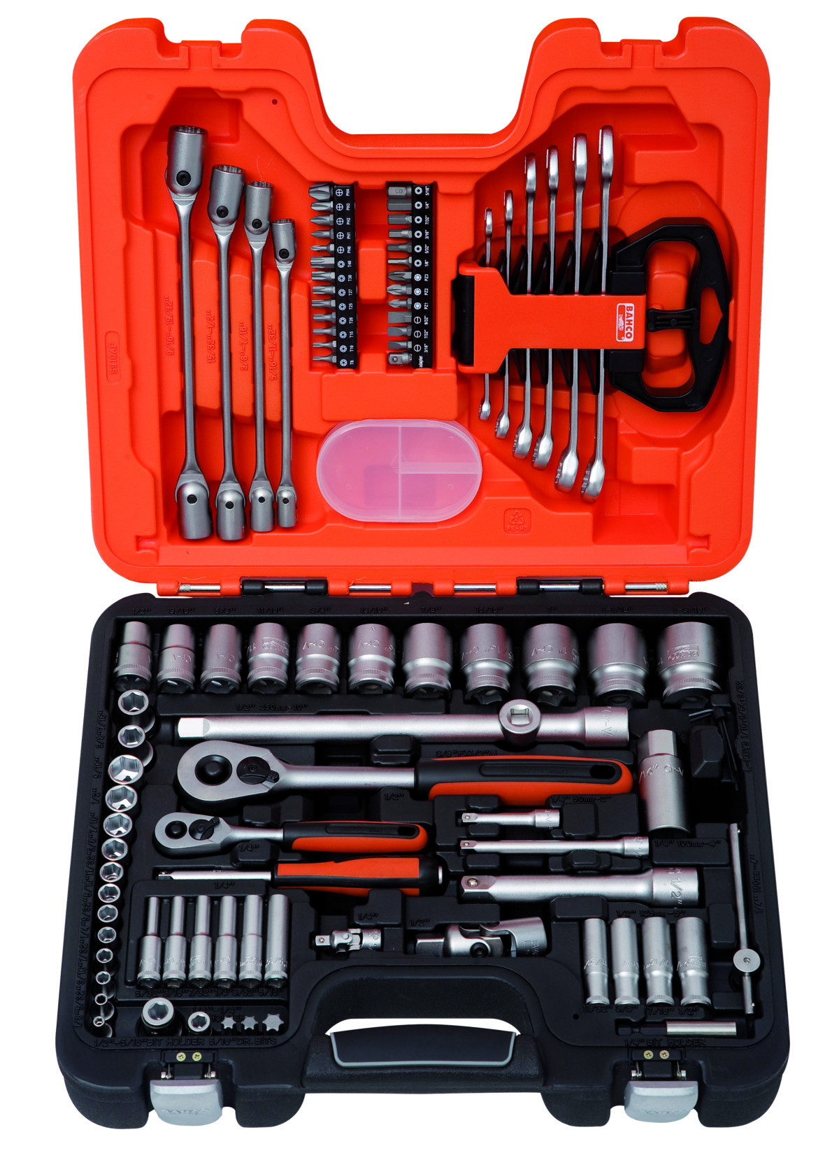 Conjunto de chaves de caixa longas e chaves de caixa quadradas de 1/4" e 1/2" com perfil sextavado no sistema métrico e conjunto de chaves combinadas - 92 peças Bahco S910AF
