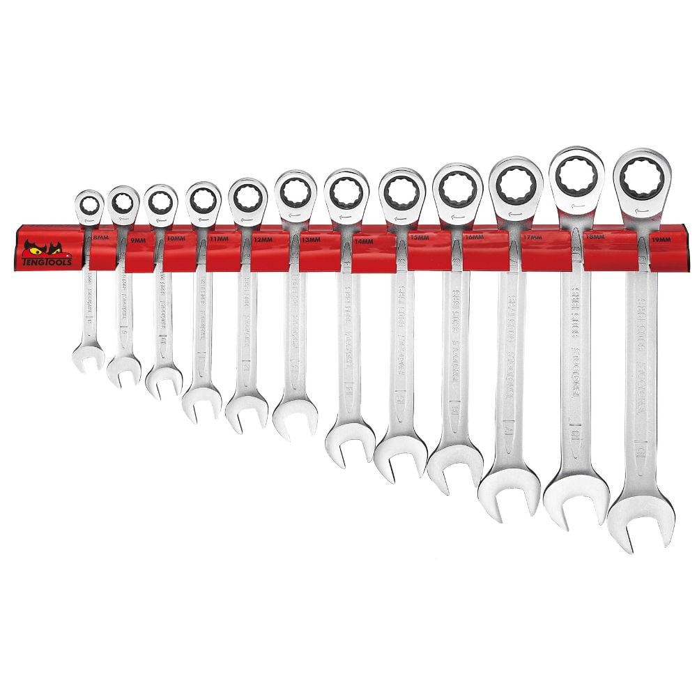 12 chaves combinadas com catraca + Suporte de parede Teng Tools WRSP12R